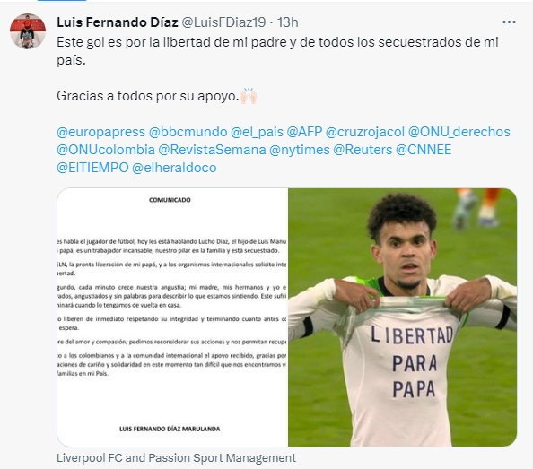迪亚斯进球呼救 父亲仍被绑架引国际关注